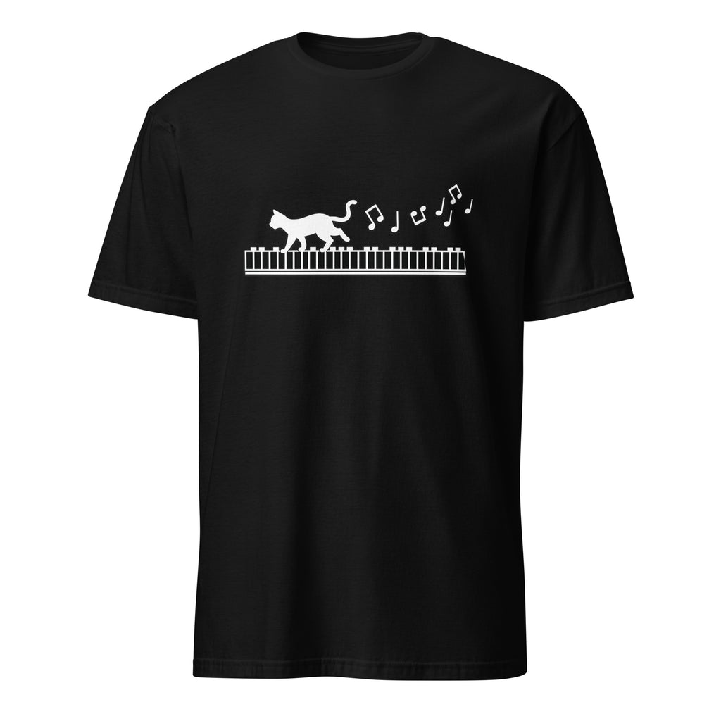 Black t-shirt with white cat walking on piano keys music notes design
