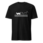 Black t-shirt with white cat walking on piano keys music notes design
