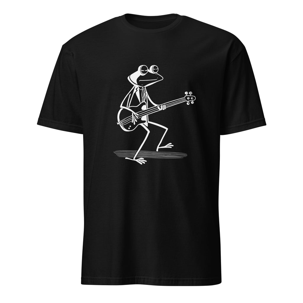Frog playing bass guitar graphic tee, funny music-themed t-shirt design
