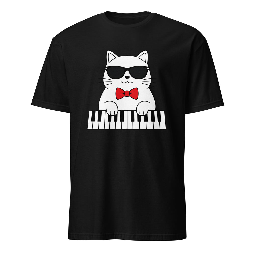Cool cat playing piano wearing sunglasses and bow tie, funny music t-shirt design
