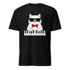 Cool cat playing piano wearing sunglasses and bow tie, funny music t-shirt design
