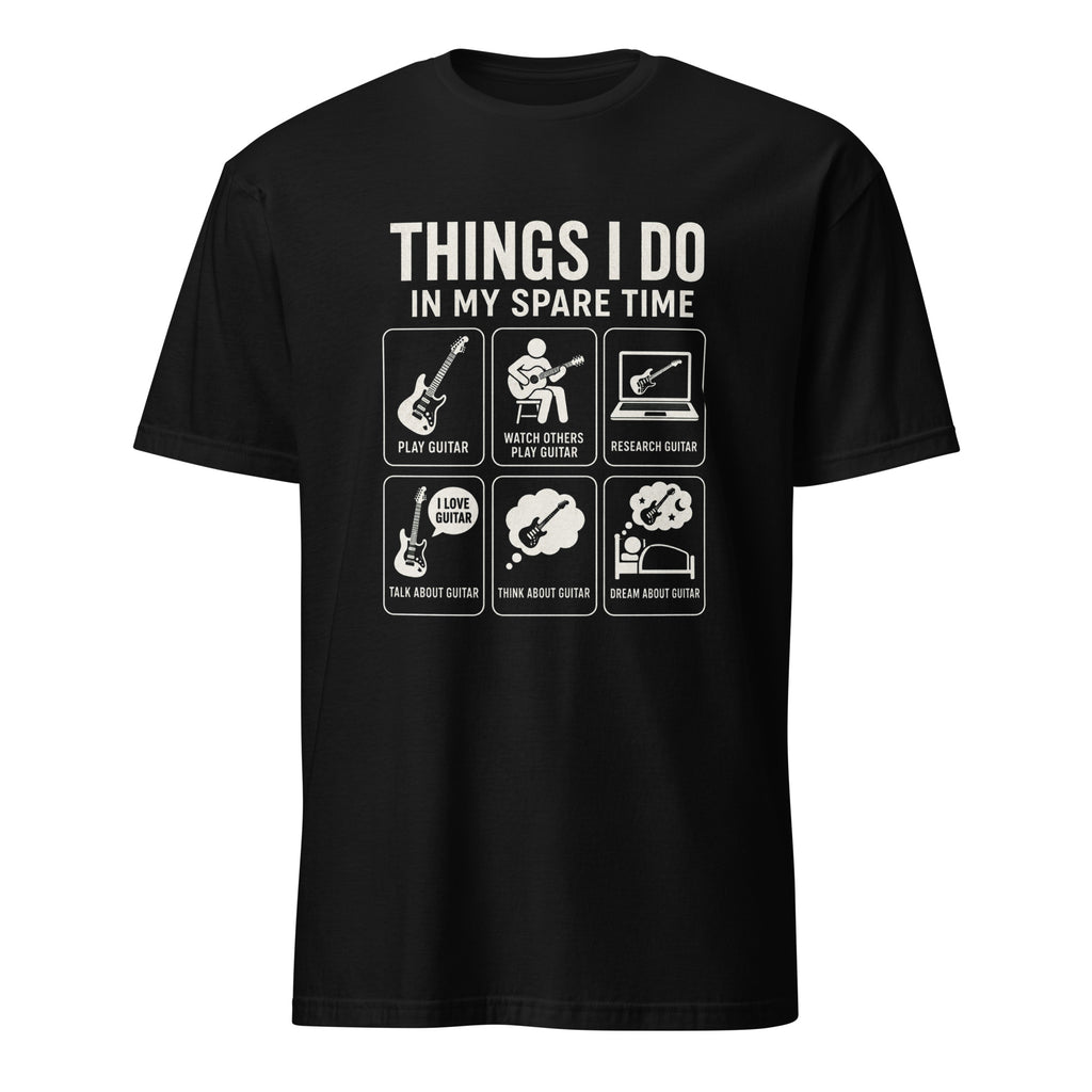 Funny guitar lover t-shirt design featuring six guitar-themed daily activity icons
