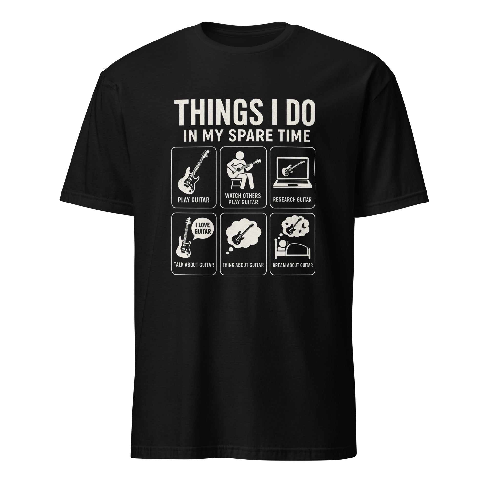 Funny guitar lover t-shirt design featuring six guitar-themed daily activity icons
