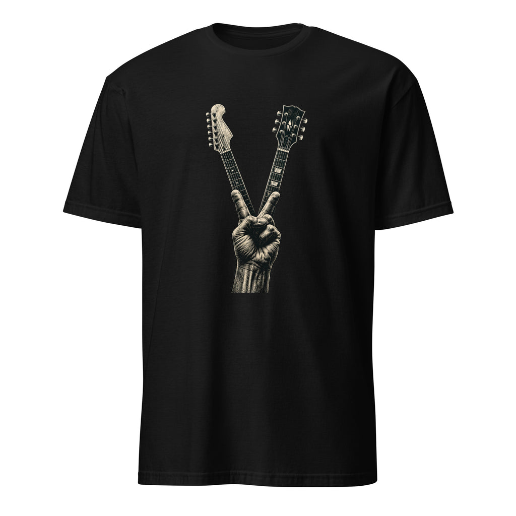 Vintage guitar peace sign graphic on black rock and roll cotton t-shirt
