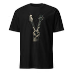 Vintage guitar peace sign graphic on black rock and roll cotton t-shirt
