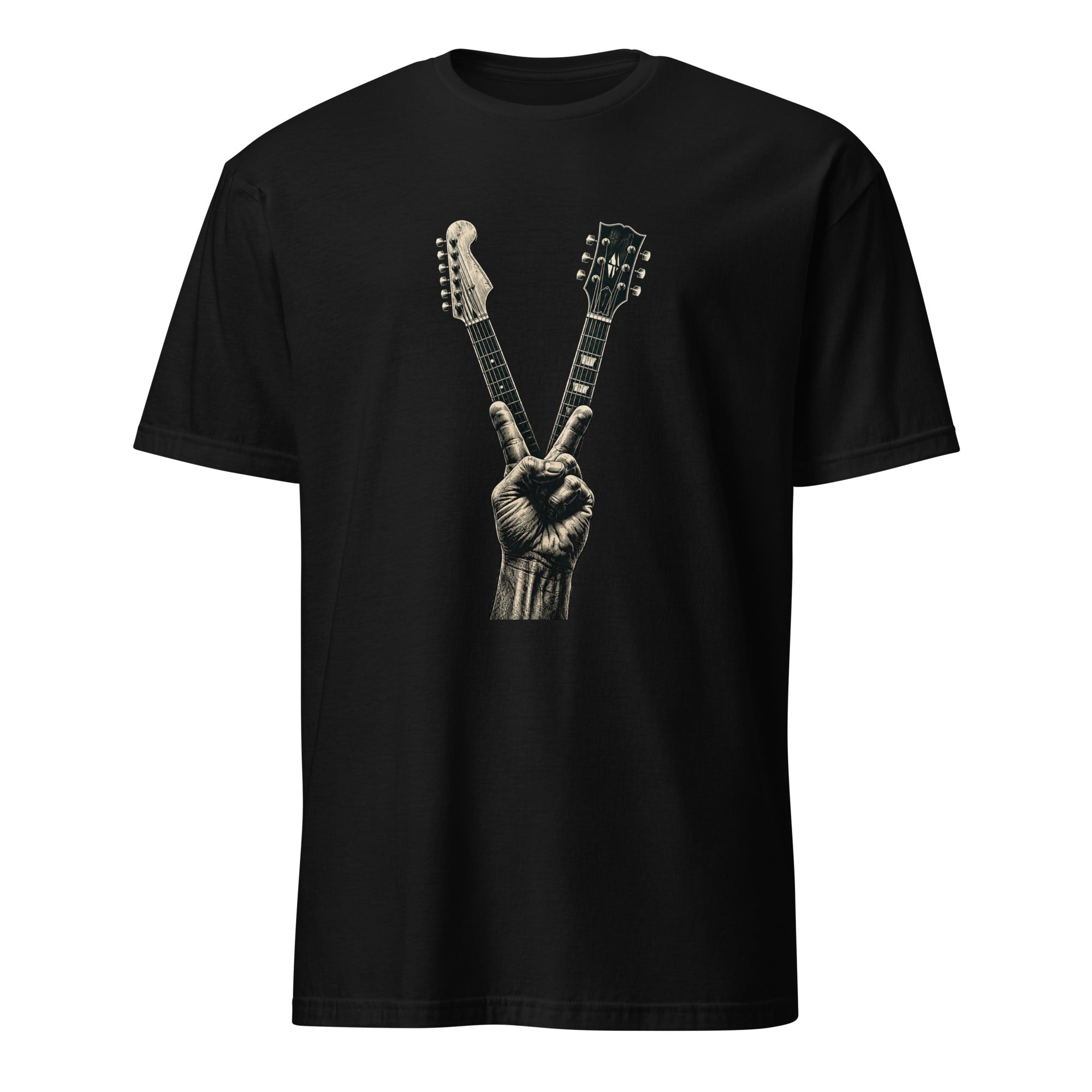 Vintage guitar peace sign graphic on black rock and roll cotton t-shirt
