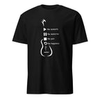 Black guitar t-shirt with play pause stop repeat music symbols design
