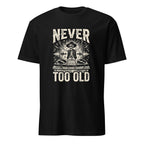Skeleton DJ vintage music t-shirt with turntables and Never Too Old graphic
