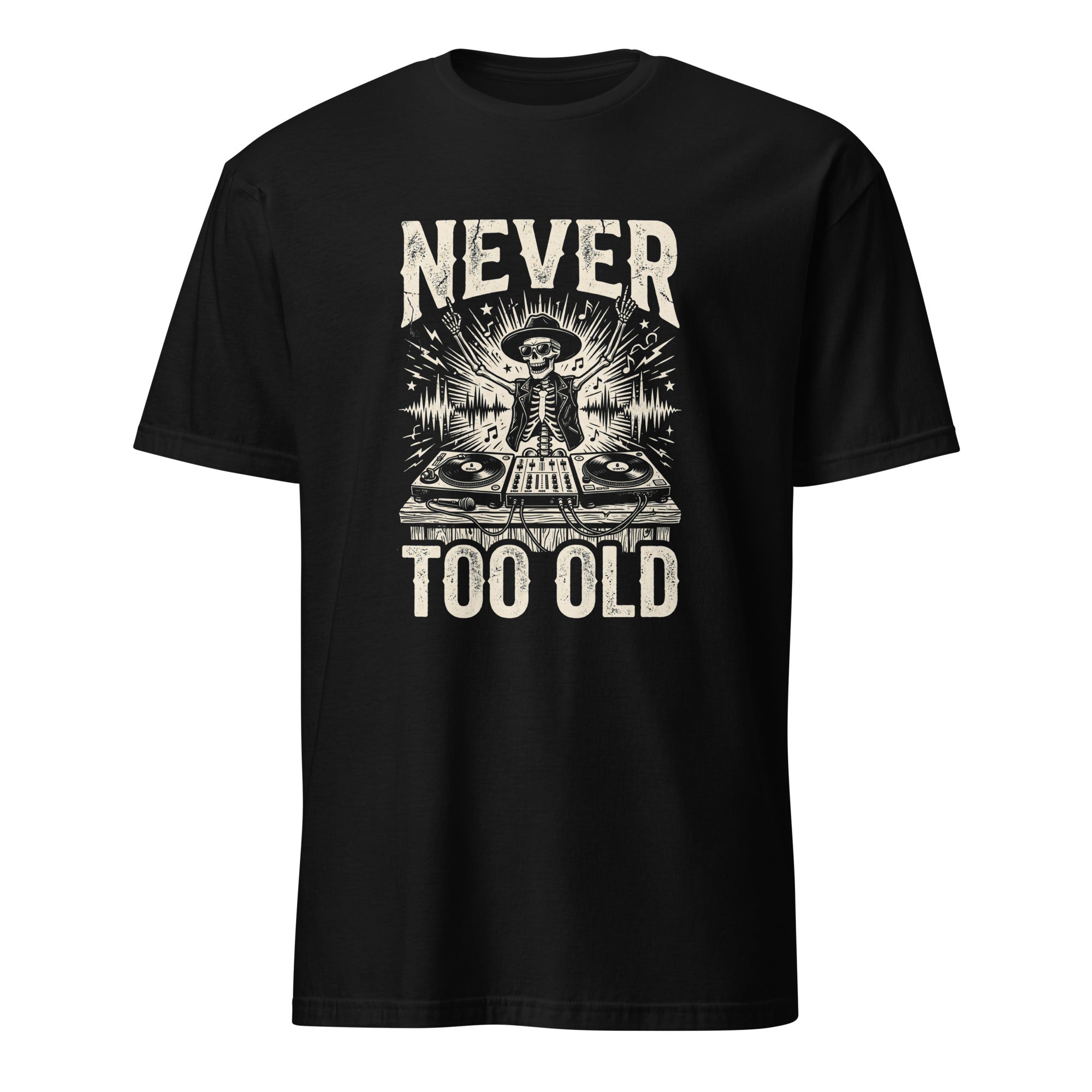 Skeleton DJ vintage music t-shirt with turntables and Never Too Old graphic
