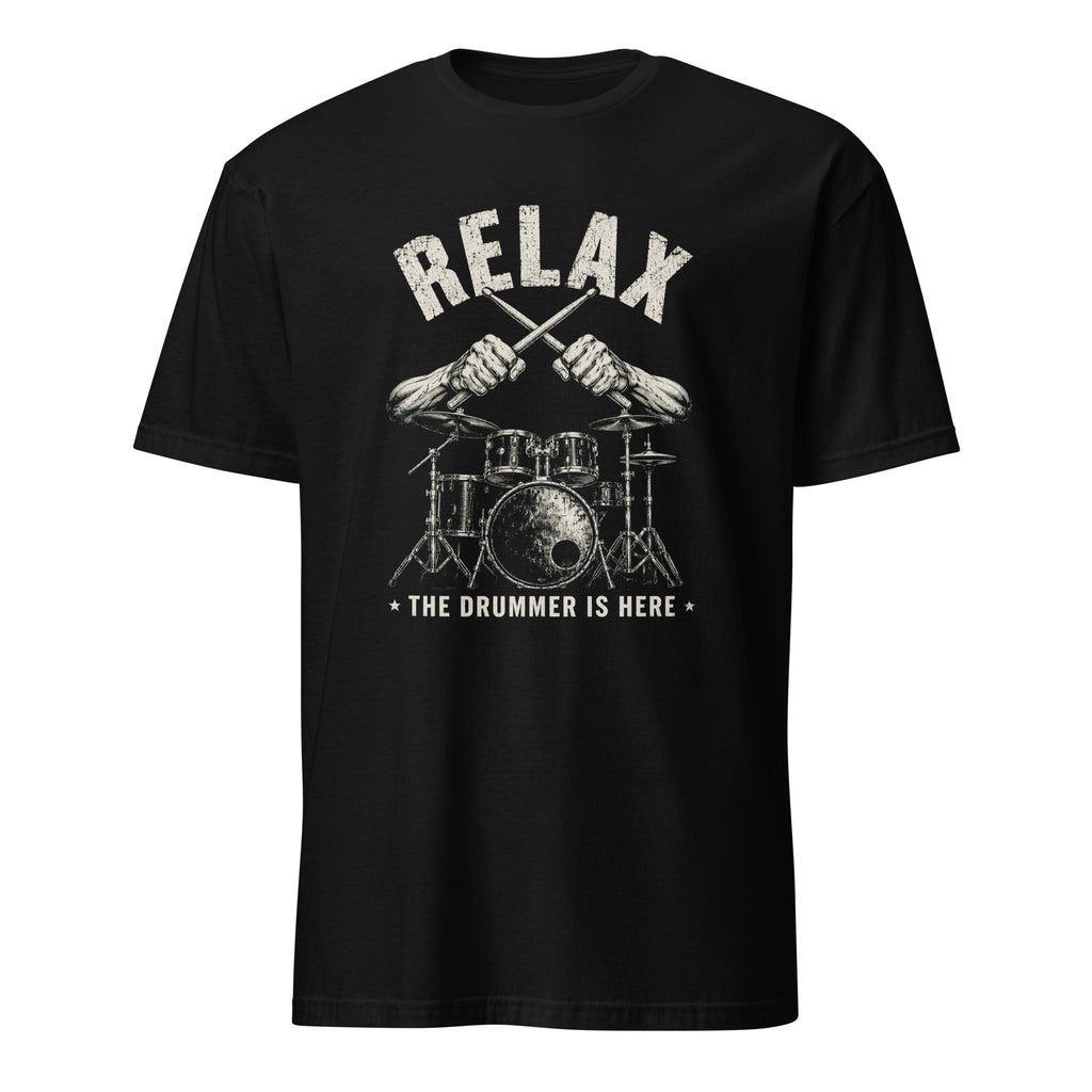Black t-shirt with vintage drum kit graphic and Relax The Drummer Is Here quote
