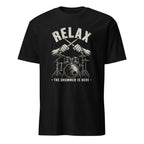 Black t-shirt with vintage drum kit graphic and Relax The Drummer Is Here quote
