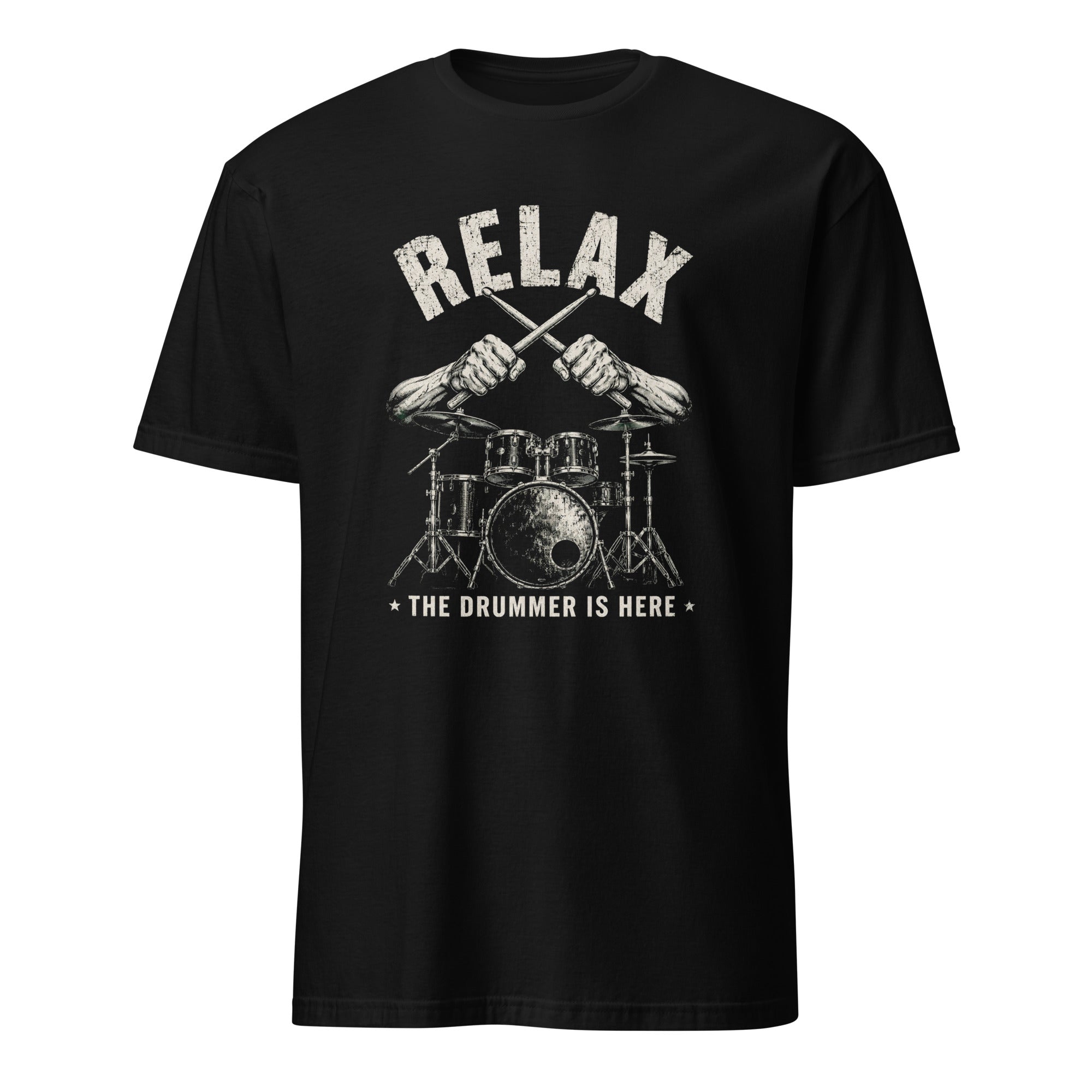 Black t-shirt with vintage drum kit graphic and Relax The Drummer Is Here quote
