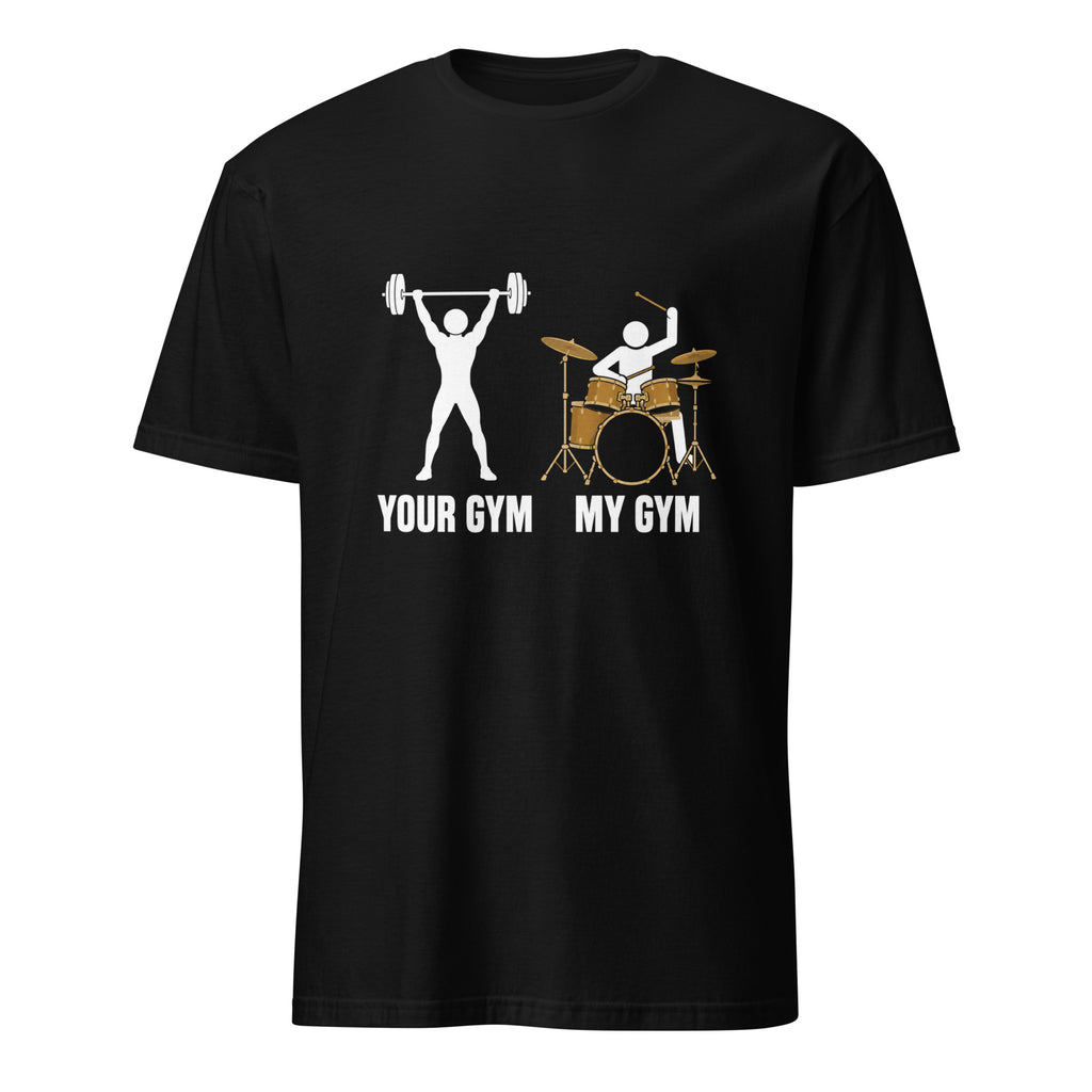 Funny drummer gym joke t-shirt, black cotton tee with drum kit design for musicians