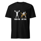 Funny drummer gym joke t-shirt, black cotton tee with drum kit design for musicians