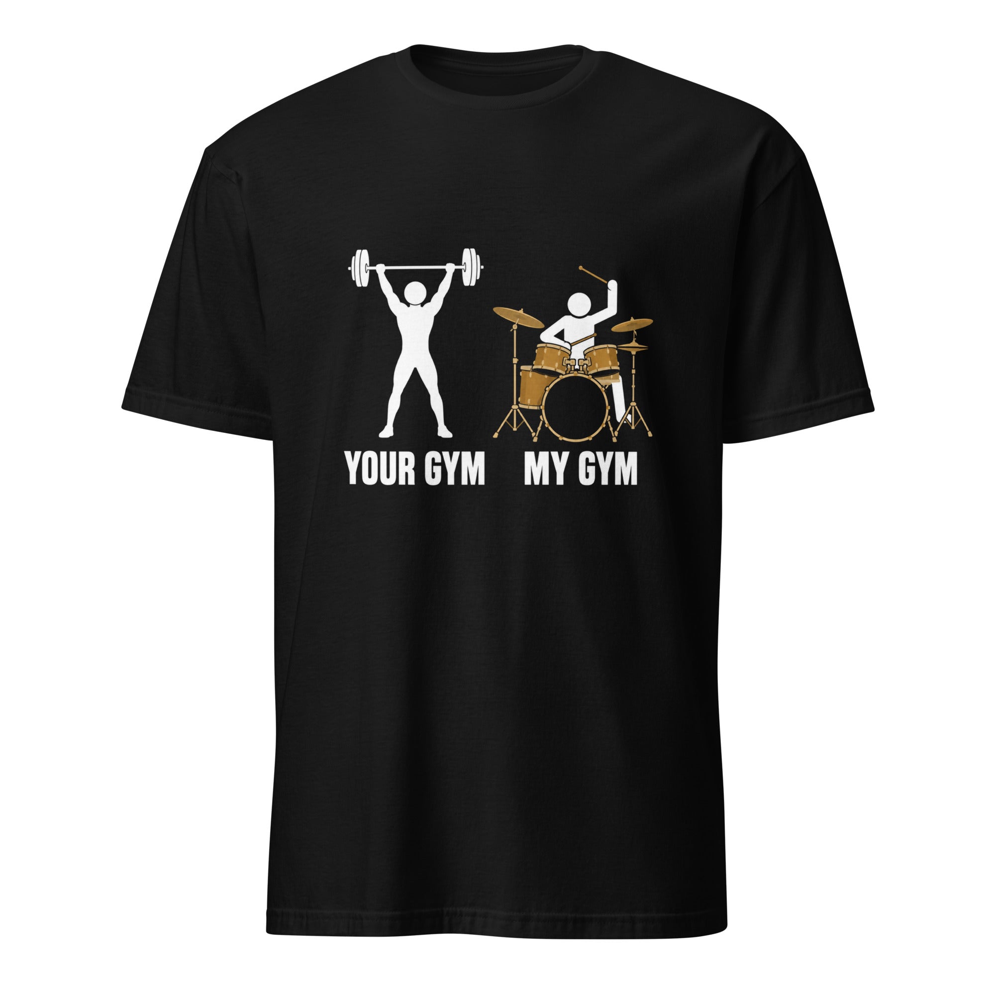 Funny drummer gym joke t-shirt, black cotton tee with drum kit design for musicians