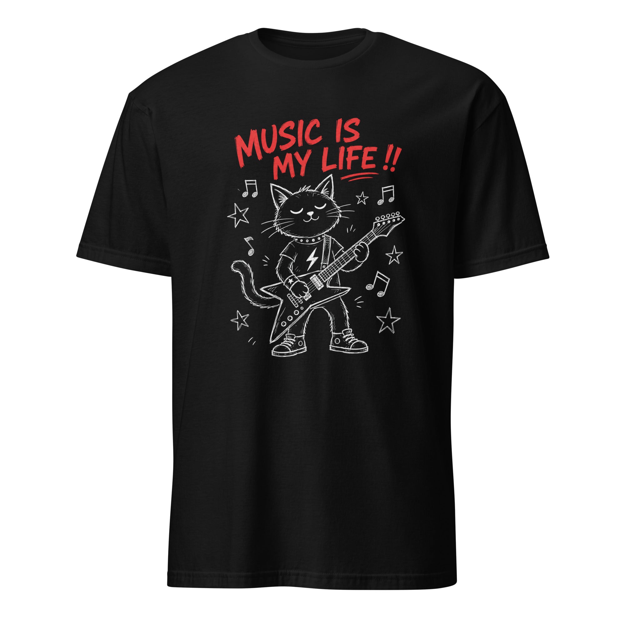 Rock cat playing electric guitar t-shirt, "Music Is My Life" graphic tee for musicians