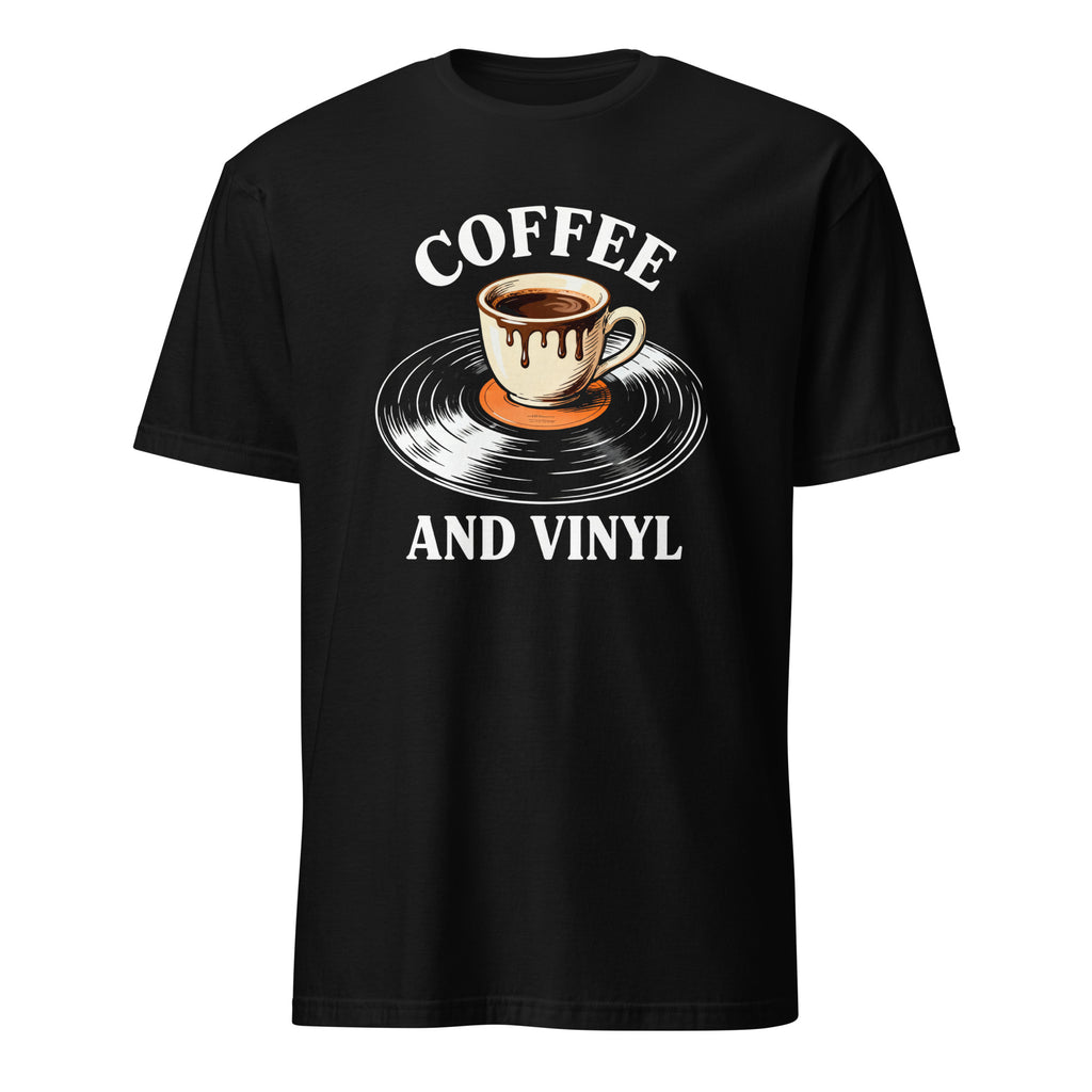 Black t-shirt with coffee cup on vinyl record design, "Coffee and Vinyl" music lover graphic tee
