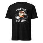 Black t-shirt with coffee cup on vinyl record design, "Coffee and Vinyl" music lover graphic tee
