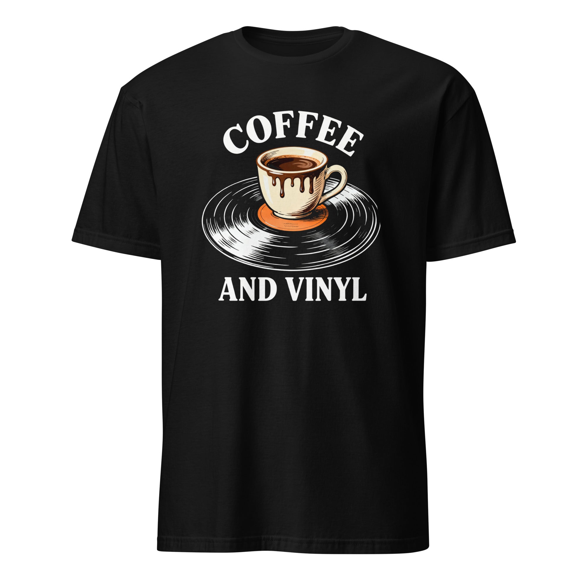 Black t-shirt with coffee cup on vinyl record design, "Coffee and Vinyl" music lover graphic tee