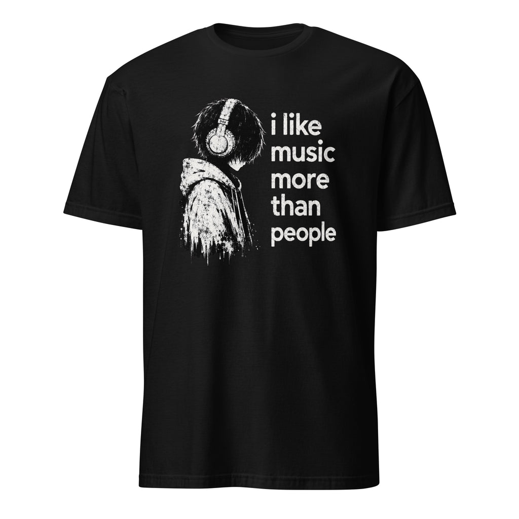 Black t-shirt with headphone-wearing figure and "I Like Music More Than People" quote design