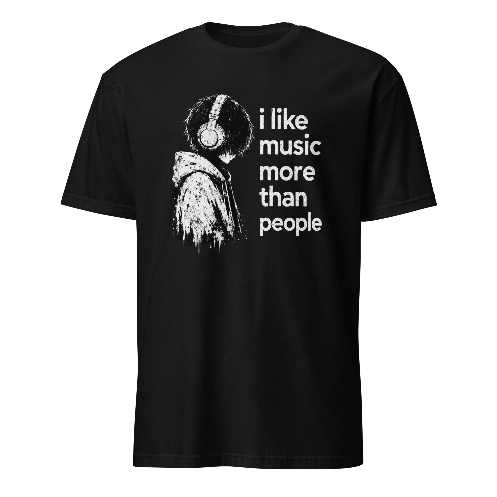 Black t-shirt with headphone-wearing figure and "I Like Music More Than People" quote design