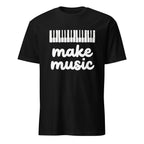 Black t-shirt with piano keys graphic and Make Music typography, musician gift apparel