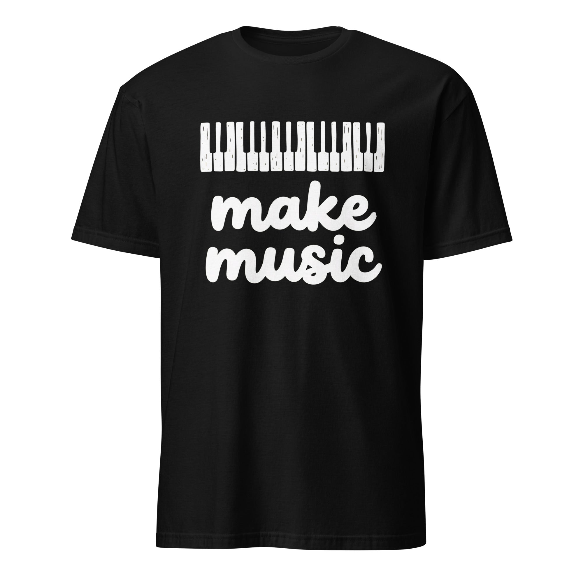 Black t-shirt with piano keys graphic and Make Music typography, musician gift apparel
