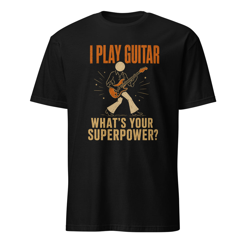 Black t-shirt with retro guitarist graphic and "I Play Guitar" superpower quote design