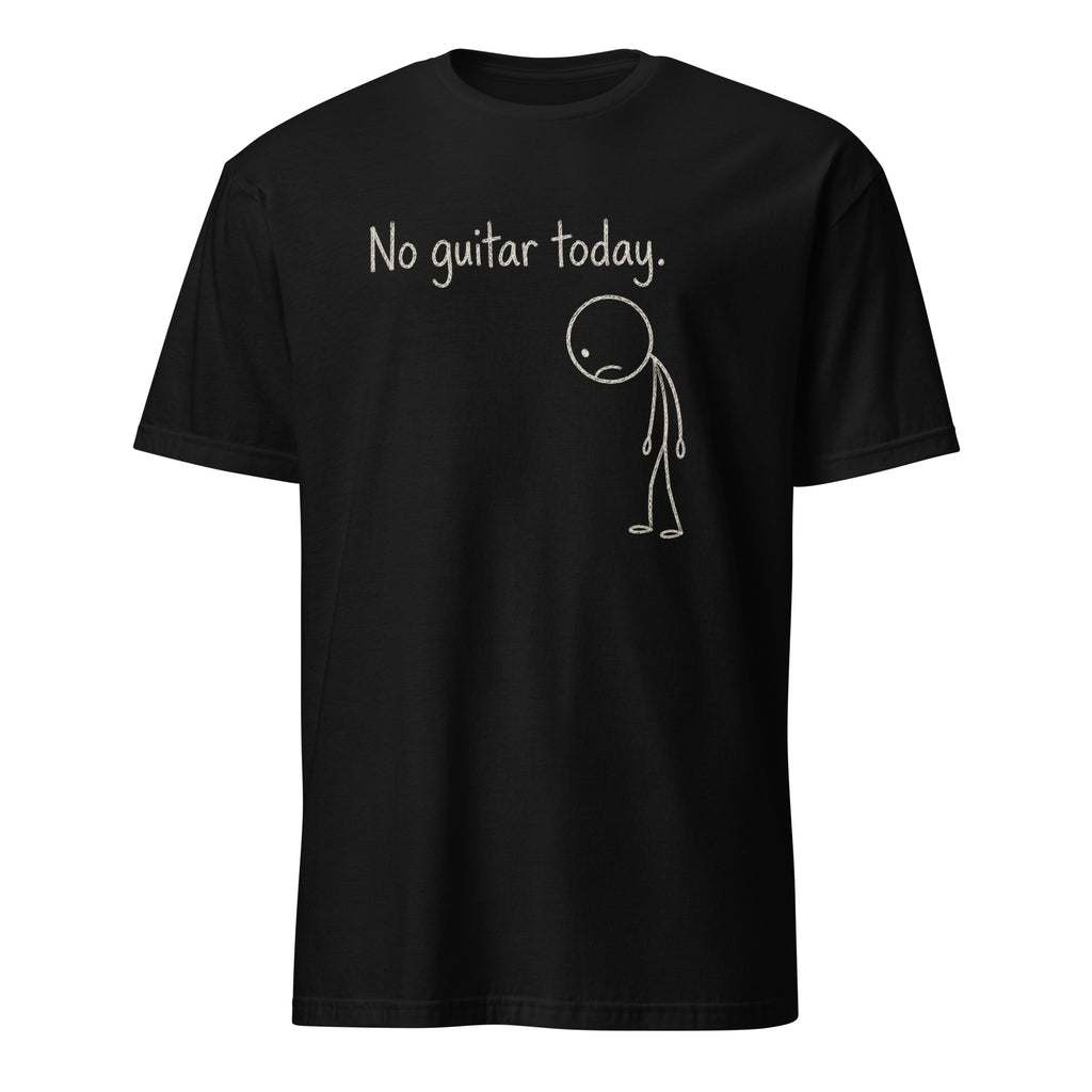Black t-shirt with "No Guitar Today" text and sad stick figure guitarist design