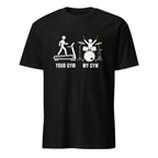 Funny drummer t-shirt with treadmill vs drum set gym humor graphic design