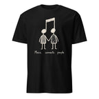 Black t-shirt with music note and couple holding hands, "Music Connects People" graphic design
