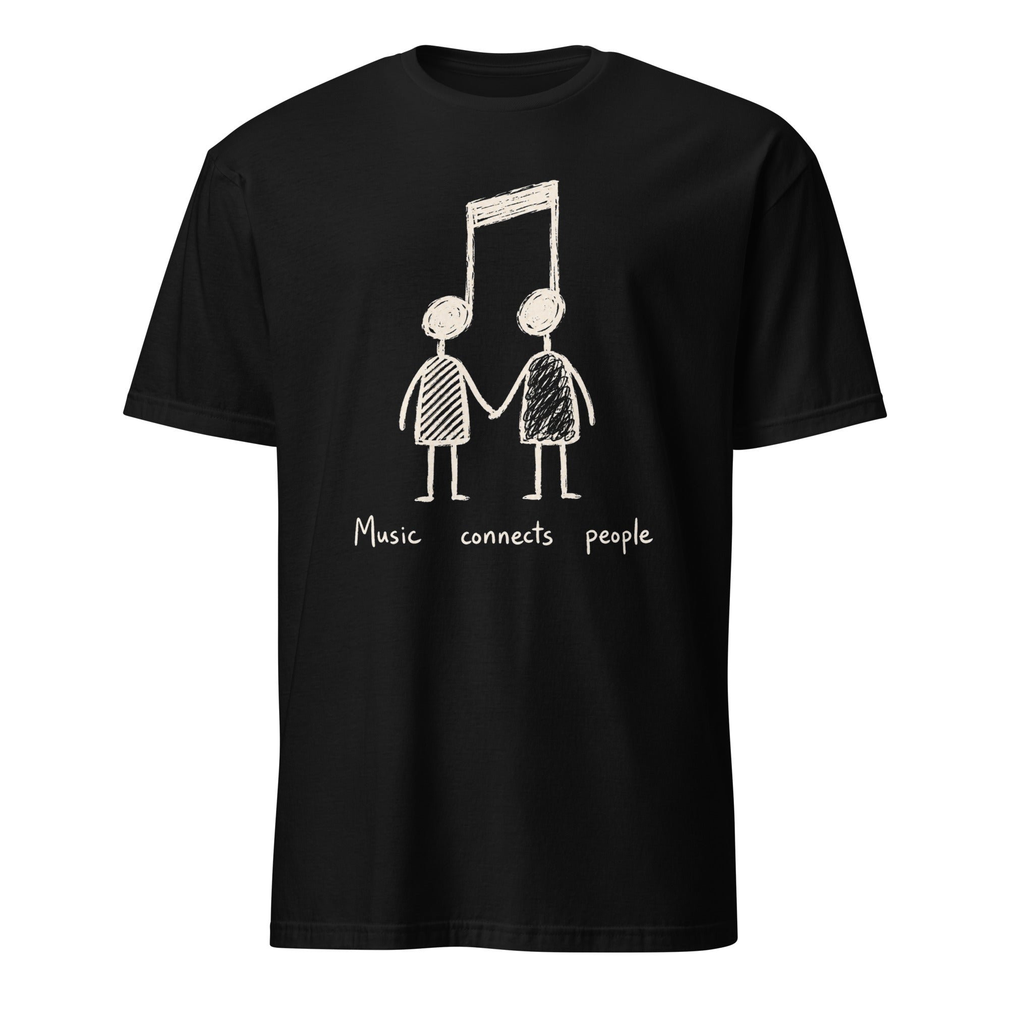 Black t-shirt with music note and couple holding hands, "Music Connects People" graphic design