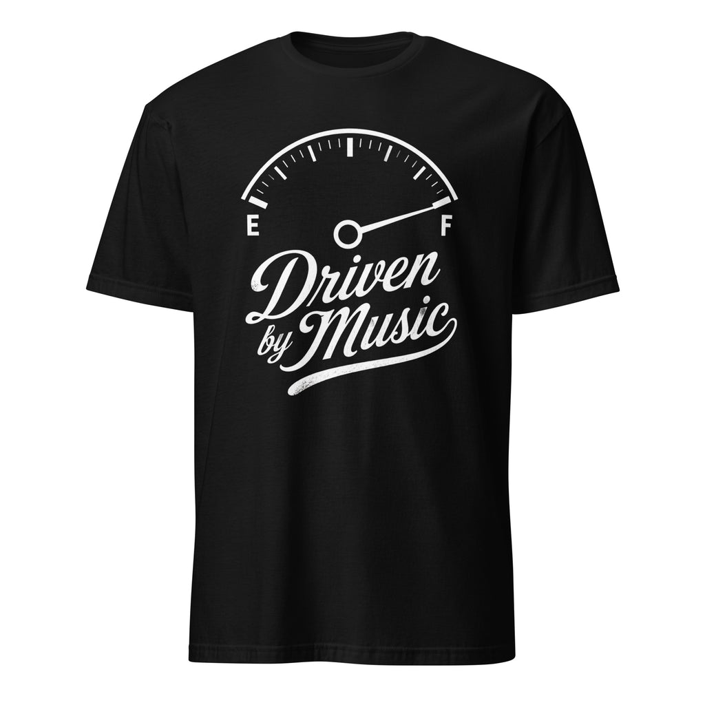 Black driven by music t-shirt with vintage fuel gauge design for classic rock fans
