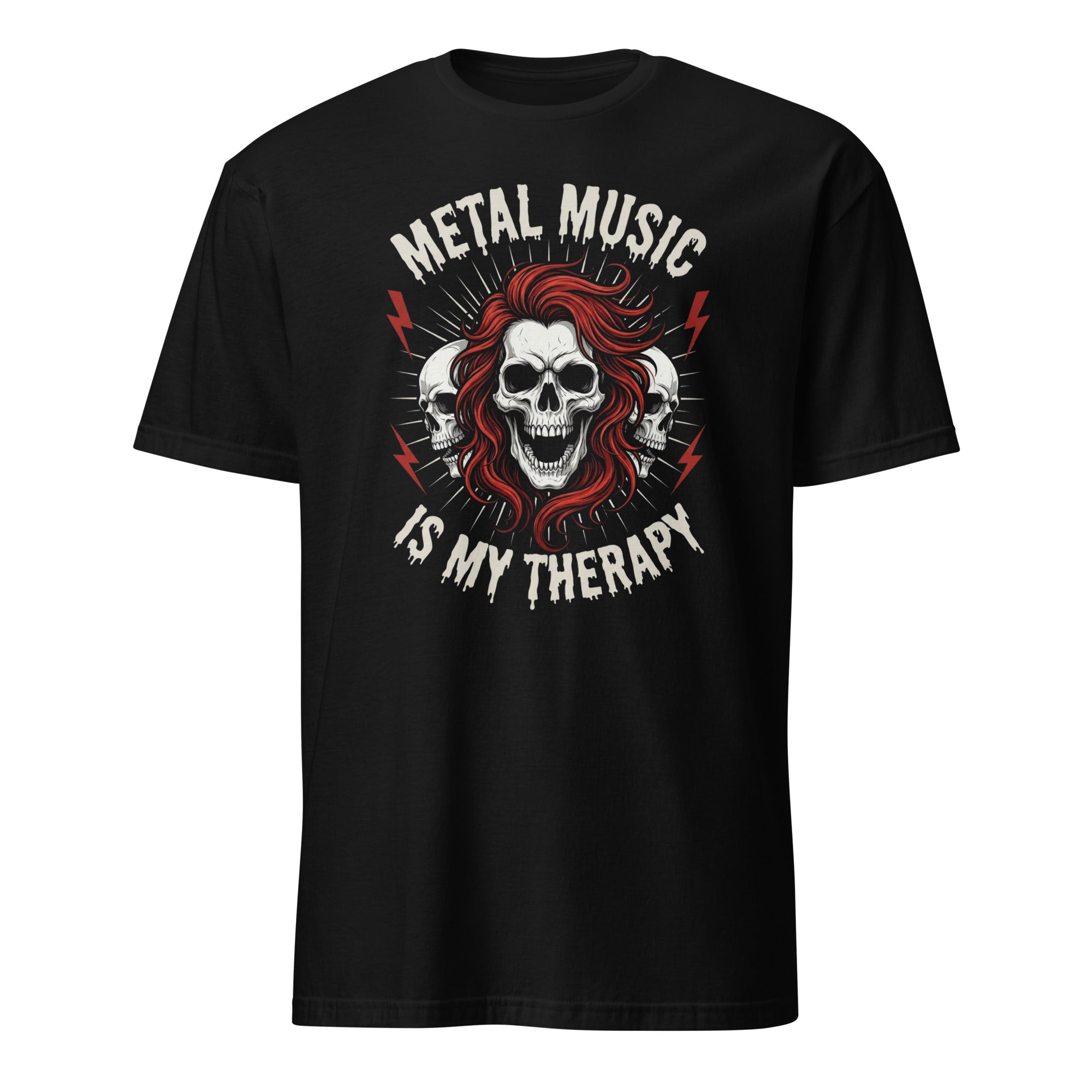 Black metal music skull graphic t-shirt with red hair and lightning bolts design