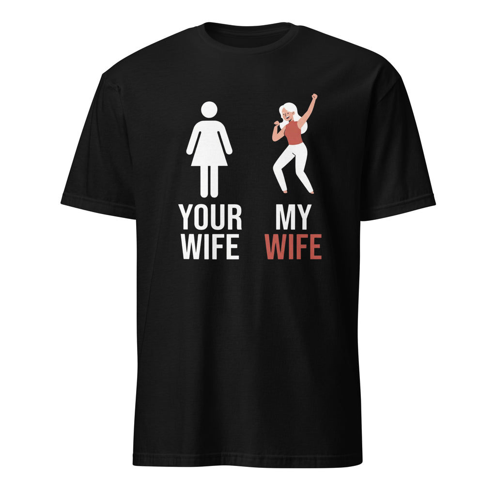Funny black t-shirt with dancing woman graphic and "My Wife" text, humorous couple gift tee