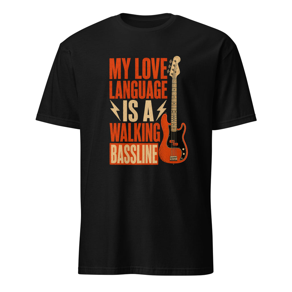 Black t-shirt with vintage bass guitar graphic and "walking bassline" bassist quote design