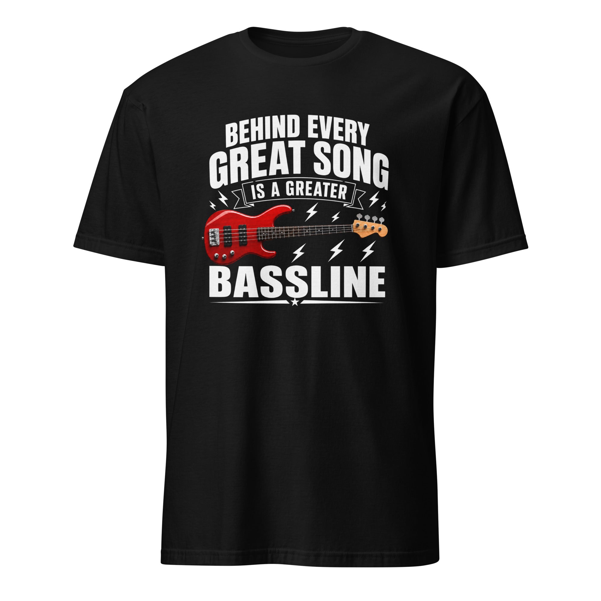 Black bass guitar t-shirt with "Behind Every Great Song" rock music quote design