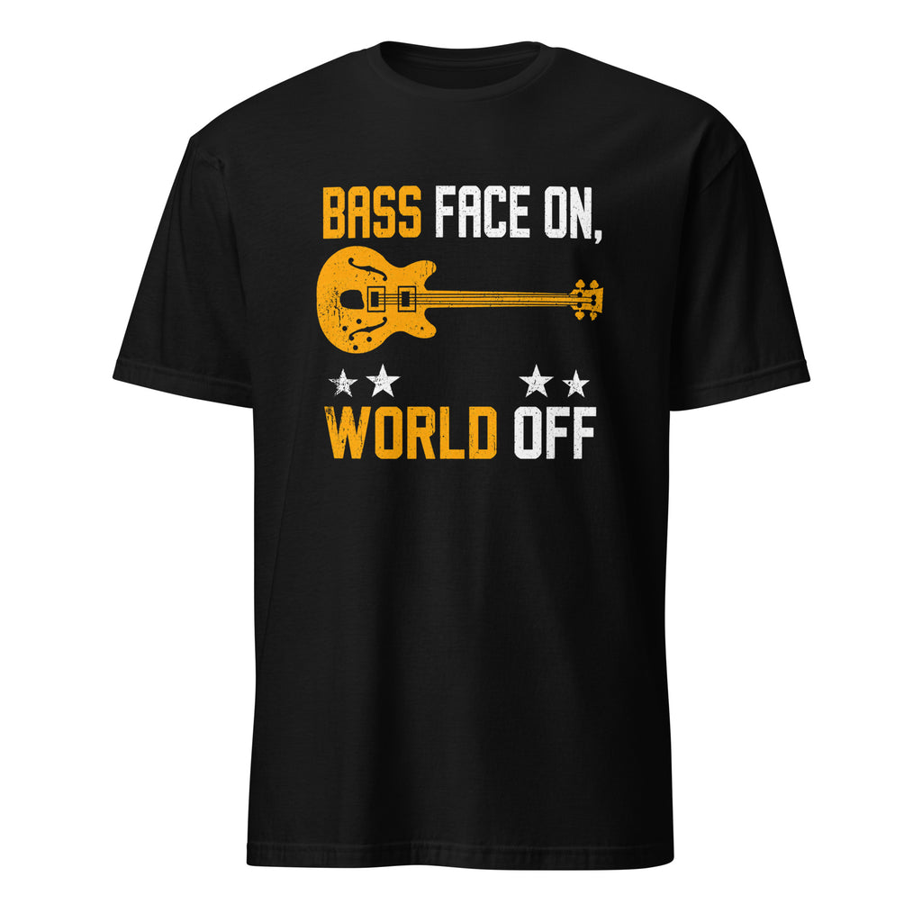 Black bass guitar t-shirt with "Bass Face On, World Off" classic rock graphic design