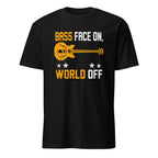 Black bass guitar t-shirt with "Bass Face On, World Off" classic rock graphic design