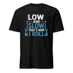 Black t-shirt with "Low and Slow" guitar quote design for classic rock guitarists