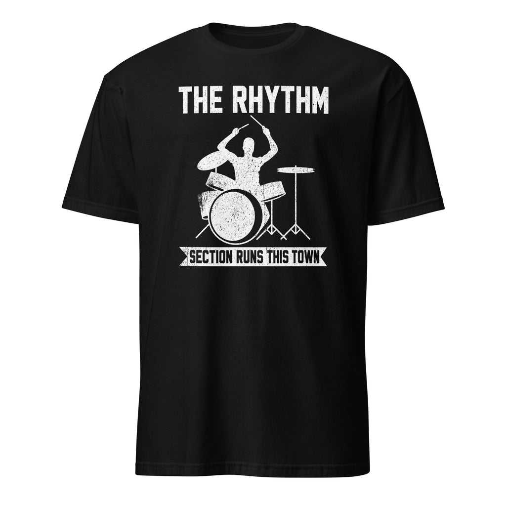 Black drummer graphic t-shirt with "Rhythm Section Runs This Town" rock band design