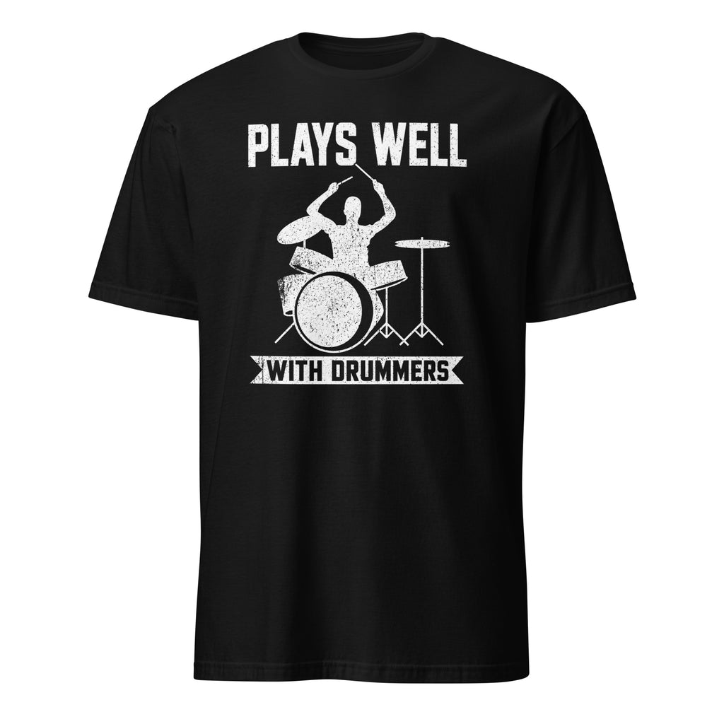 Black t-shirt with distressed drum kit graphic and "Plays Well With Drummers" text