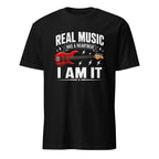 Black t-shirt with red bass guitar design and "Real Music Has a Heartbeat" text for musicians