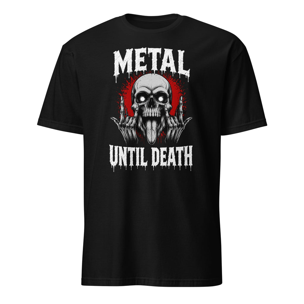 Black metal until death skull graphic t-shirt with rock hand horns design