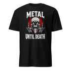 Black metal until death skull graphic t-shirt with rock hand horns design