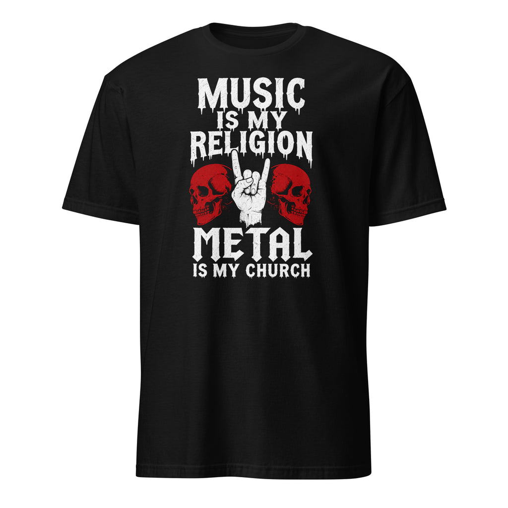 Black metal t-shirt with skulls and rock hand, "Music Is My Religion" design
