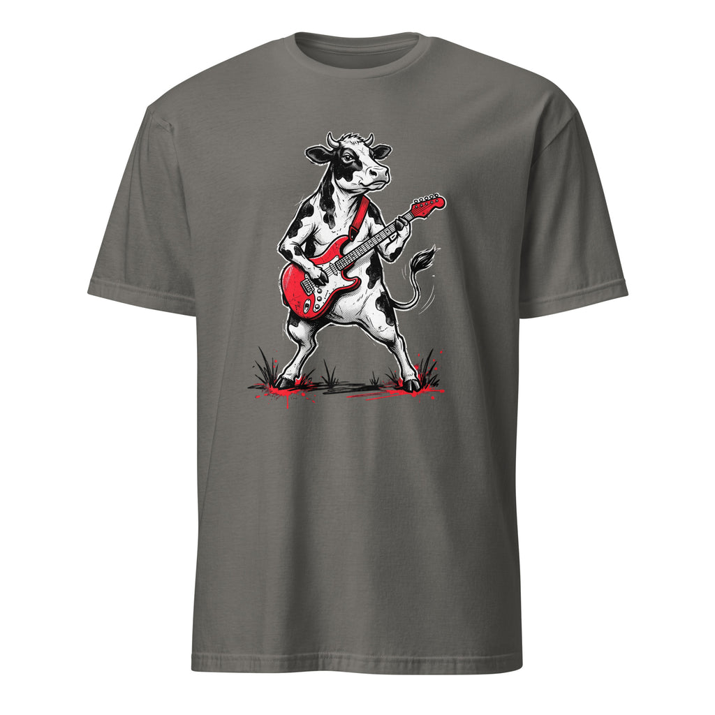 Rocking cow playing red electric guitar vintage rock black t-shirt
