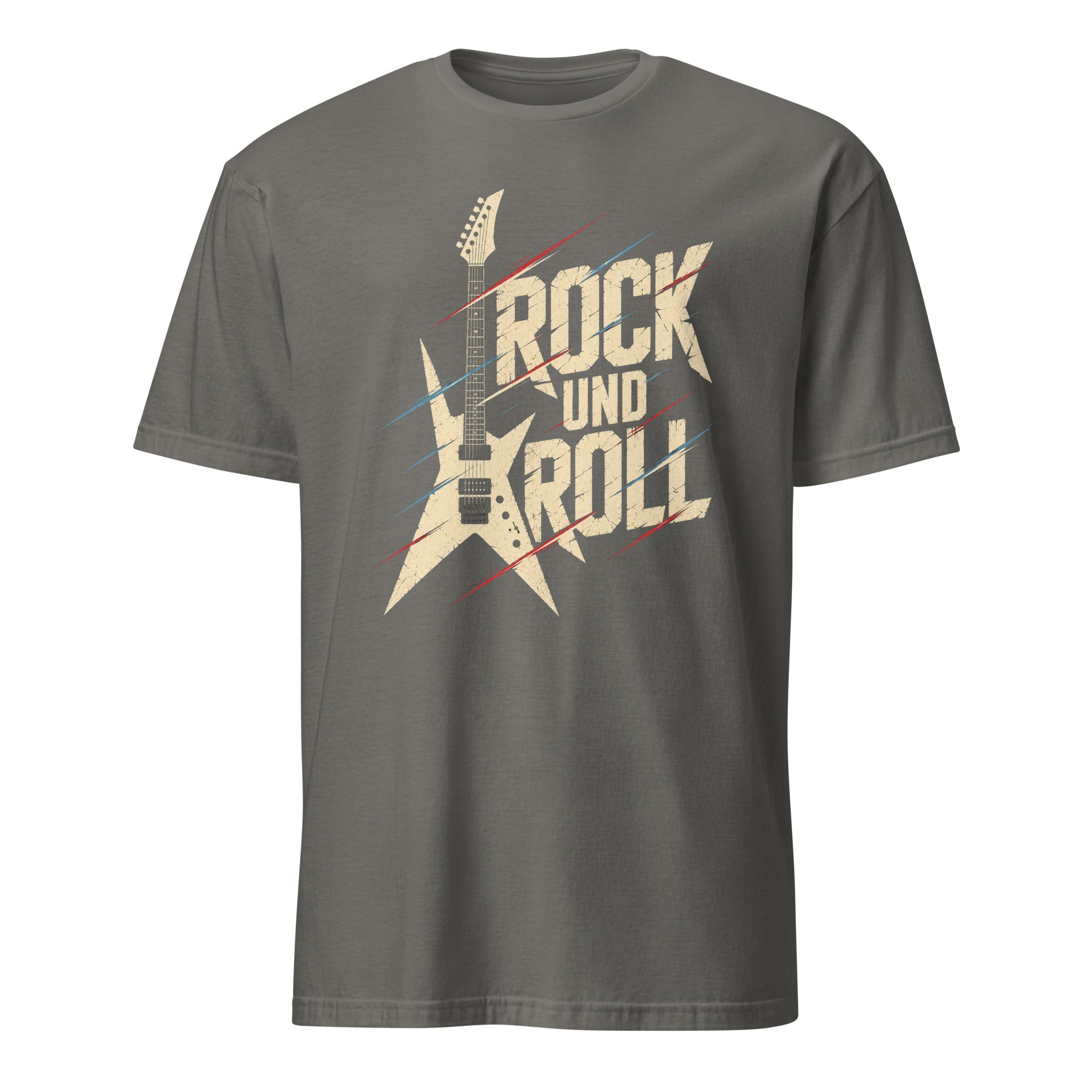 Vintage Rock und Roll T-Shirt mit Sterngitarre-Design und Retro-Schriftzug, schwarze Baumwolle
