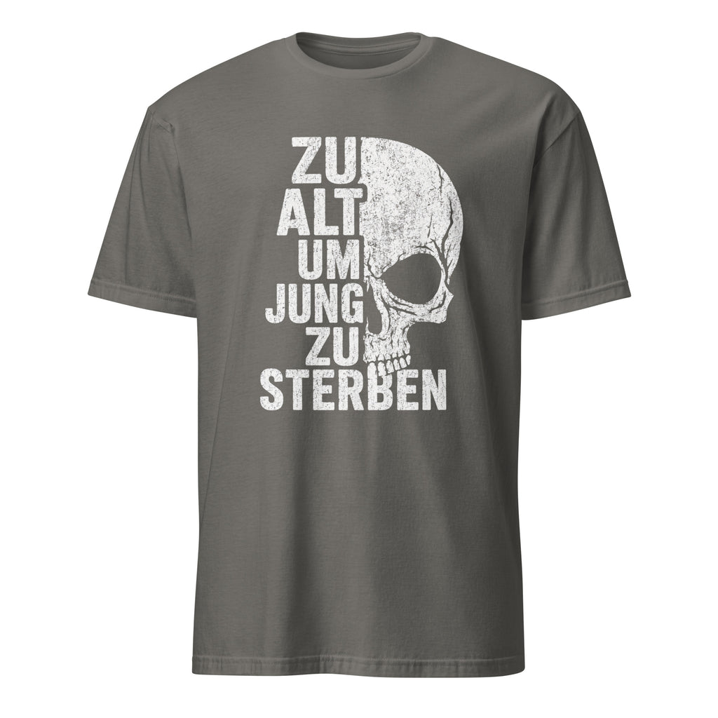 Schwarzes Totenkopf T-Shirt mit deutschem Vintage Rock Text und Skull Design
