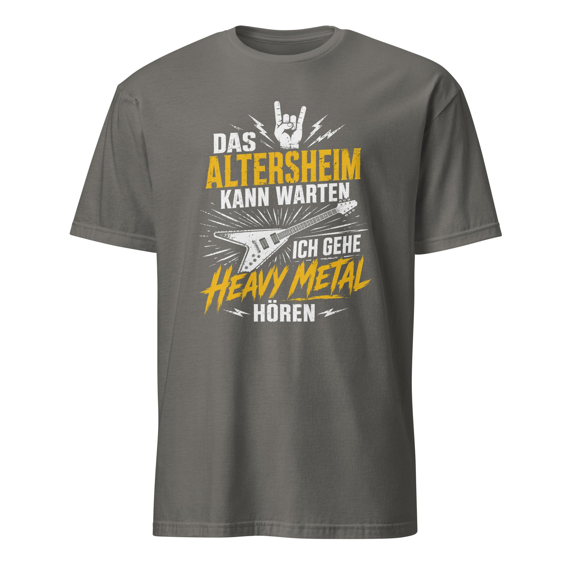 Heavy Metal T-Shirt mit Gitarre, Blitze und lustigem Text, Vintage Rock Design
